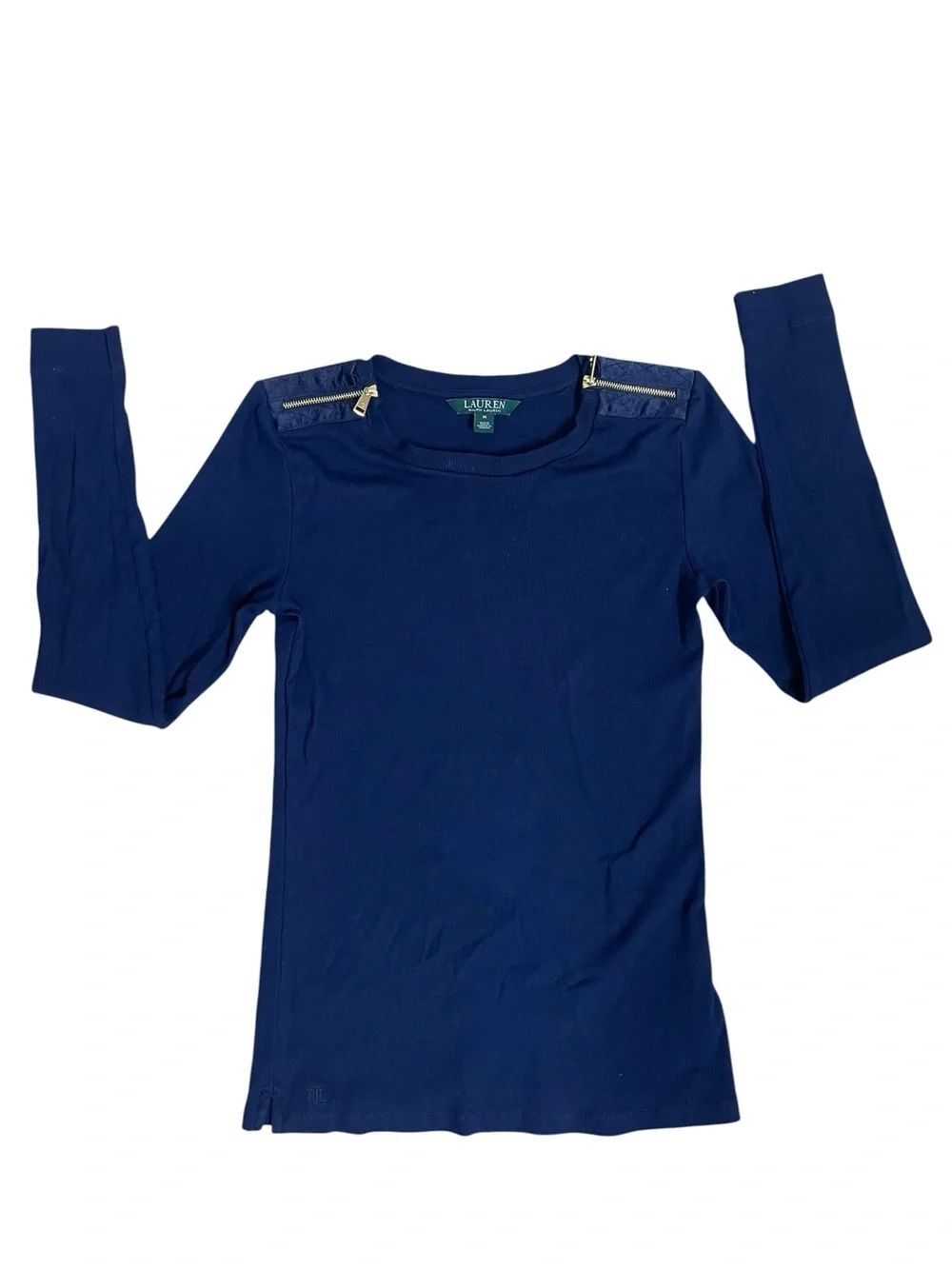 Lauren Ralph Lauren Navy Ribbed Long Sleeve Top Gold Zipper Shoulder Size M